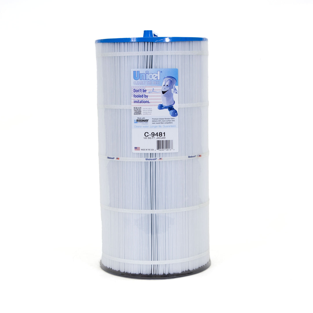 Tall cylindrical white pleated pool filter cartridge with blue top and label showing Unicel branding and product details