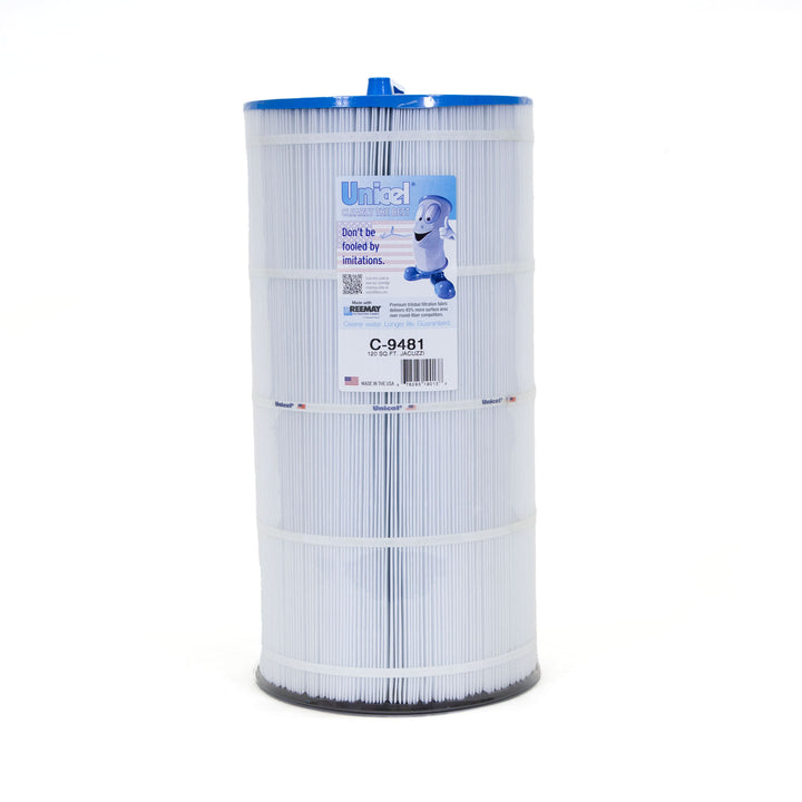 Tall cylindrical white pleated pool filter cartridge with blue top and label showing Unicel branding and product details