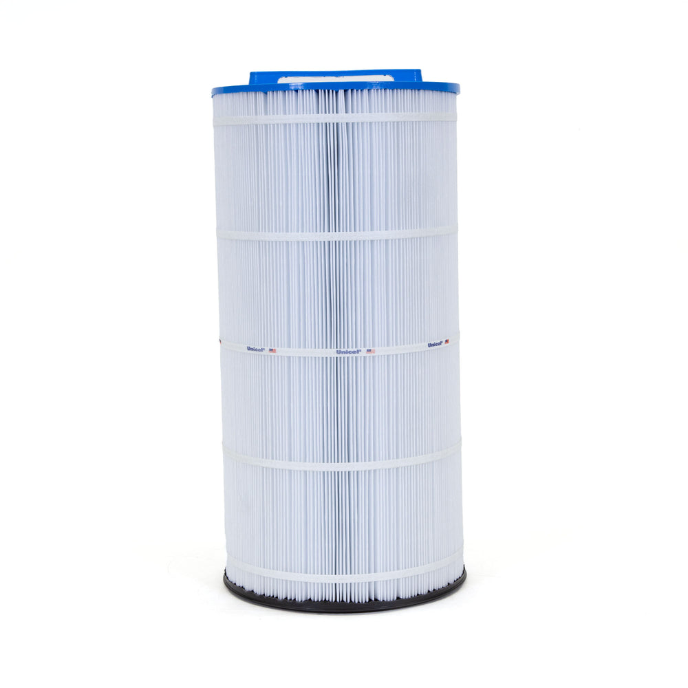 Tall cylindrical pool filter cartridge with white pleated material and blue top edge against white background
