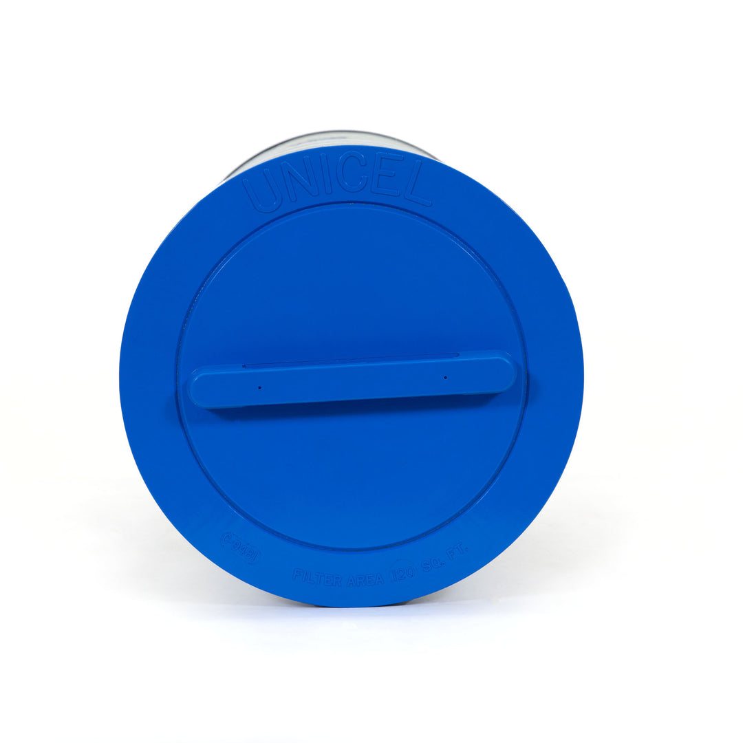 top view of a blue circular filter cartridge with a handle and the brand name unicel embossed on the surface