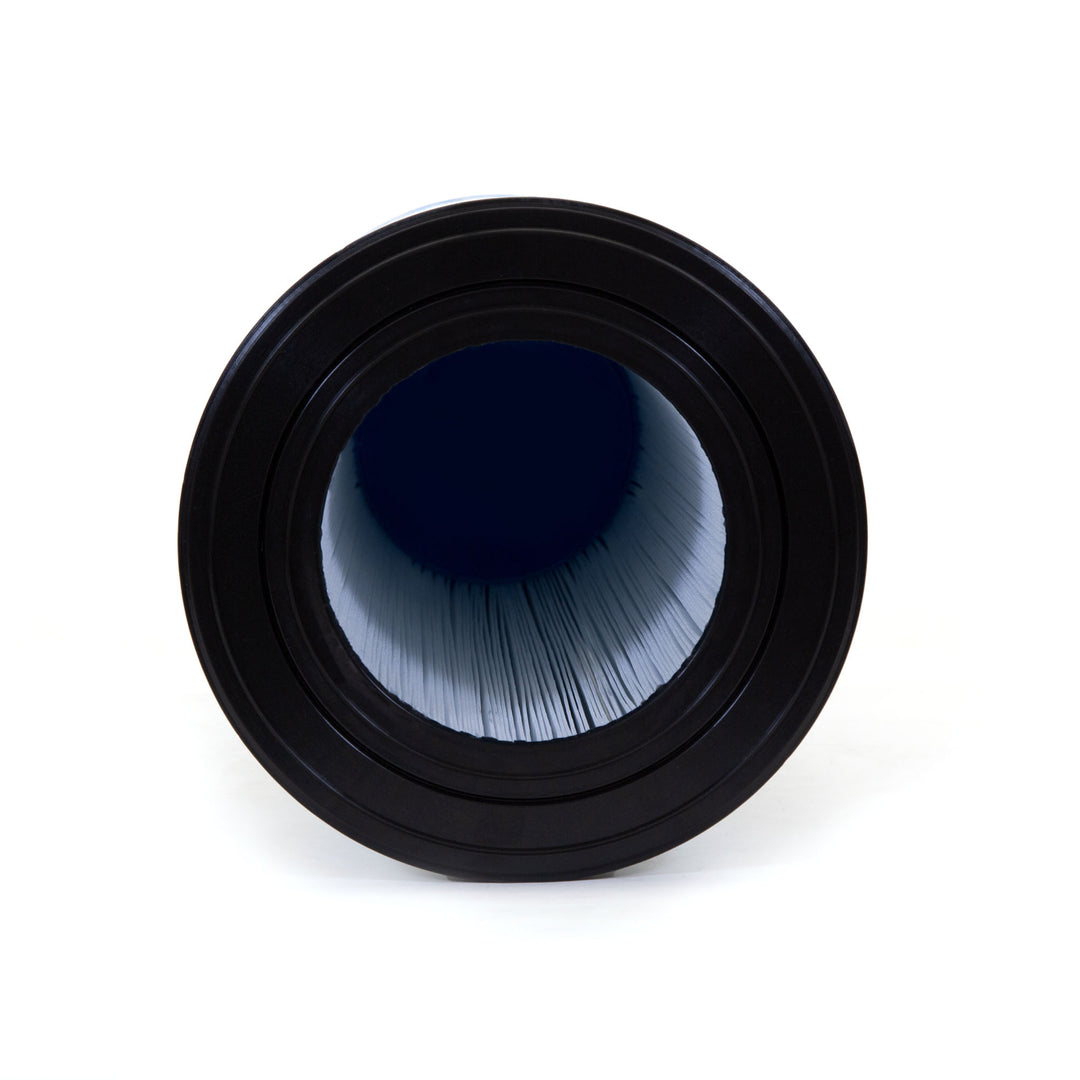 cylindrical replacement filter cartridge with black plastic ends and pleated light blue filter material inside