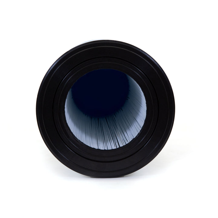 cylindrical replacement filter cartridge with black plastic ends and pleated light blue filter material inside