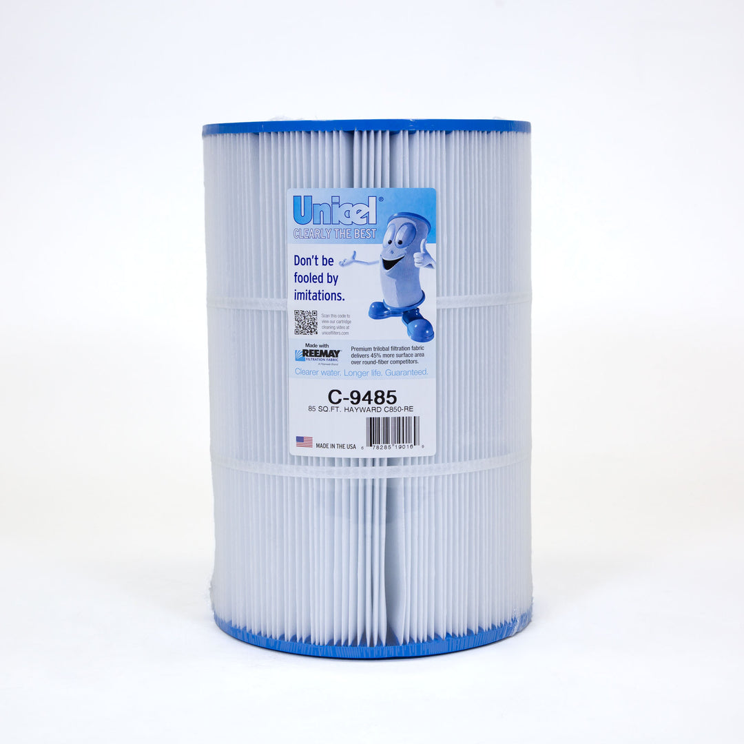 cylindrical white pool filter cartridge with blue ends and a label featuring a cartoon filter character and product details