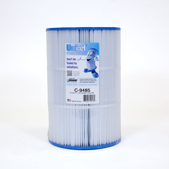 cylindrical white pool filter cartridge with blue ends and a label featuring a cartoon filter character and product details