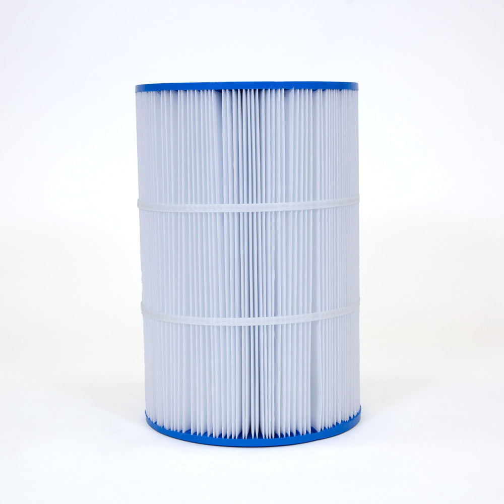 cylindrical white pleated filter cartridge with blue end caps and two horizontal support bands on a white background