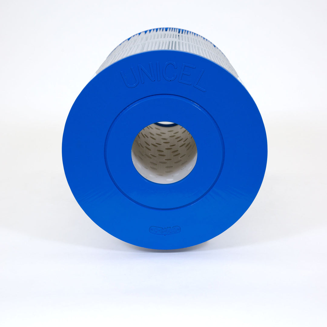 cylindrical replacement filter cartridge with blue plastic ends and white pleated filter material