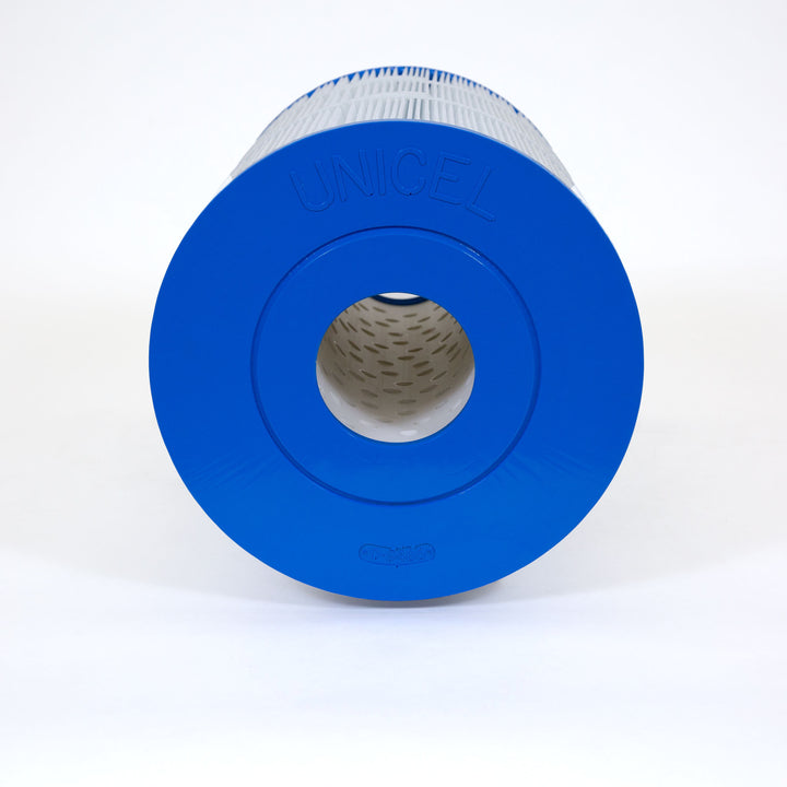 cylindrical replacement filter cartridge with blue plastic ends and white pleated filter material