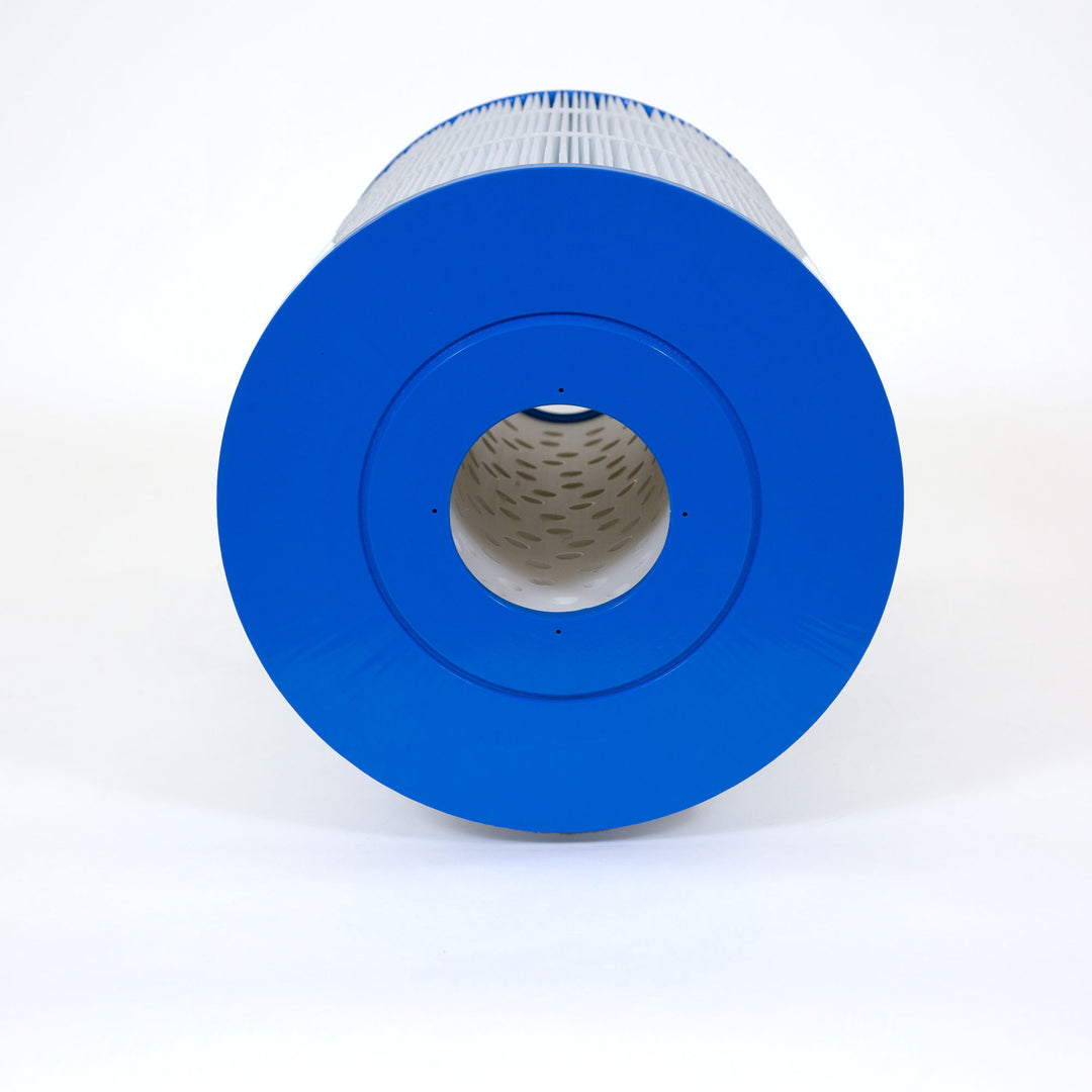 Cylindrical pool filter cartridge with a blue plastic end cap and pleated white filtering material