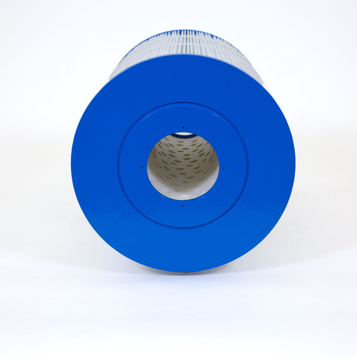 Cylindrical pool filter cartridge with a blue plastic end cap and pleated white filtering material