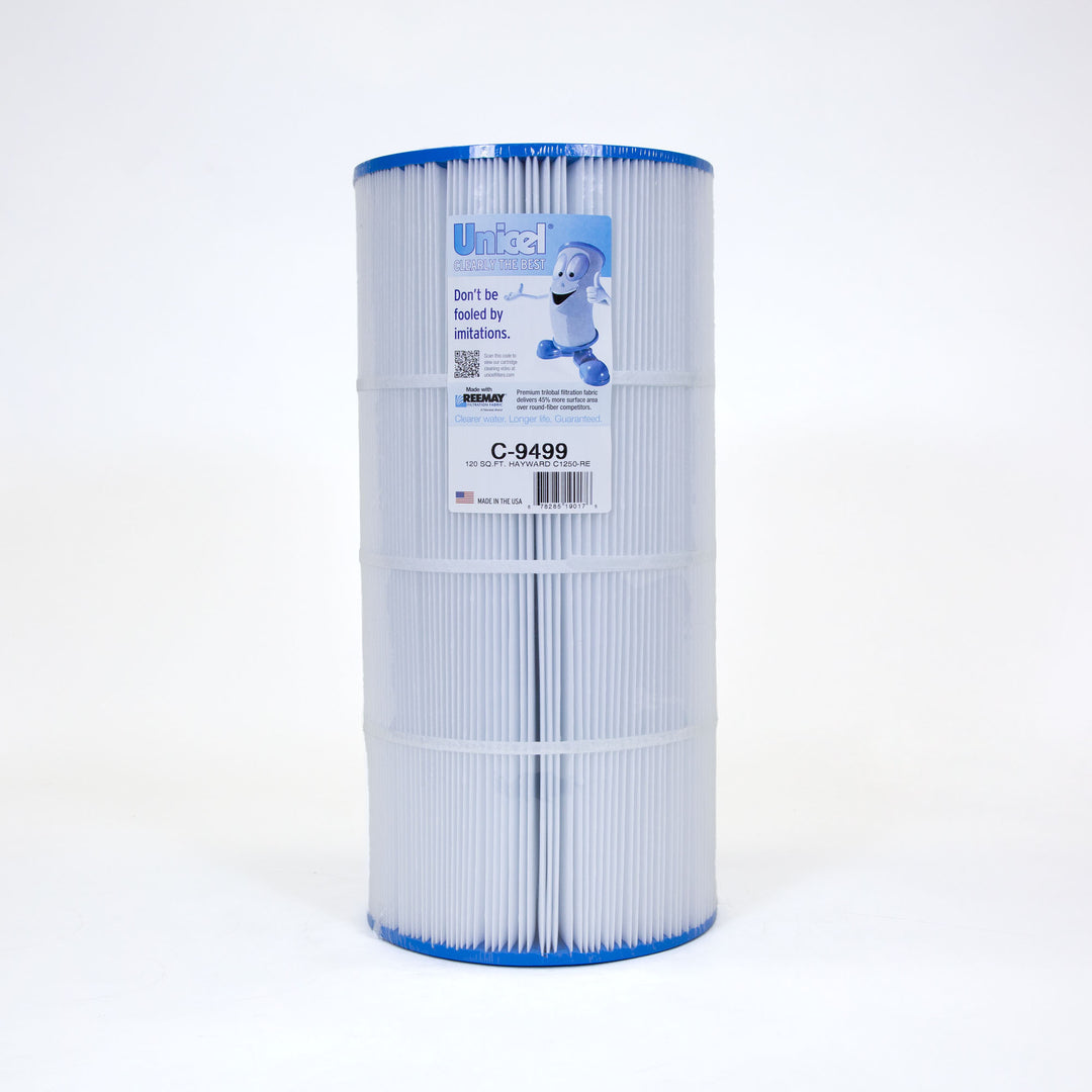 cylindrical pool filter cartridge with pleated white fabric and blue caps on top and bottom with product label