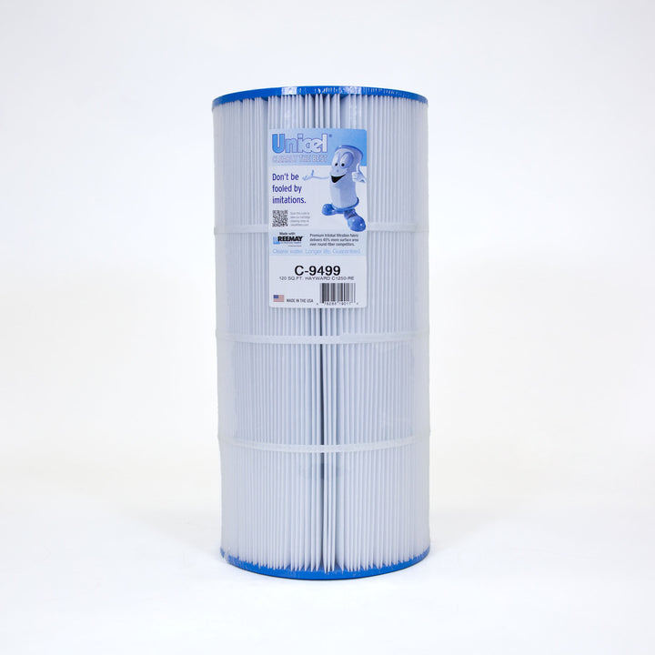 cylindrical pool filter cartridge with pleated white fabric and blue caps on top and bottom with product label