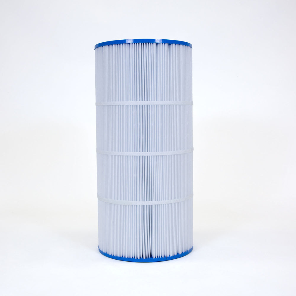 cylindrical pool filter cartridge with white pleated material and blue plastic caps on top and bottom