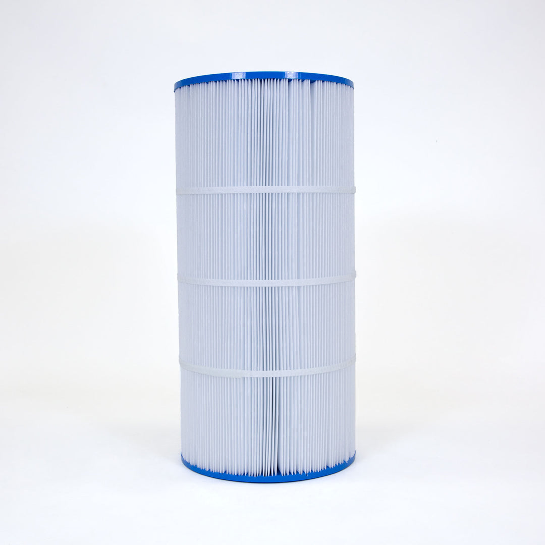 cylindrical pool filter cartridge with white pleated material and blue plastic caps on top and bottom