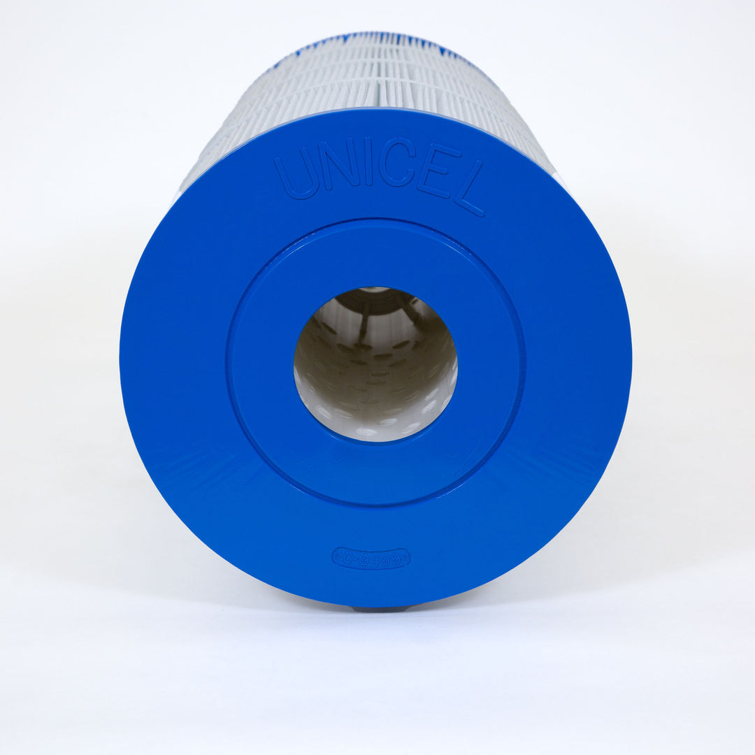 Cylindrical replacement pool filter cartridge with white pleated sides and solid blue plastic ends, centered hole through middle