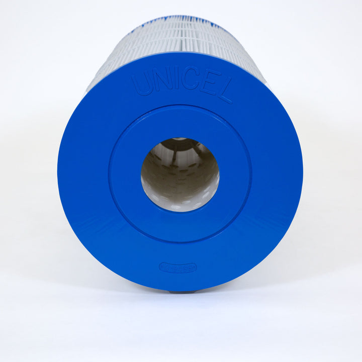Cylindrical replacement pool filter cartridge with white pleated sides and solid blue plastic ends, centered hole through middle