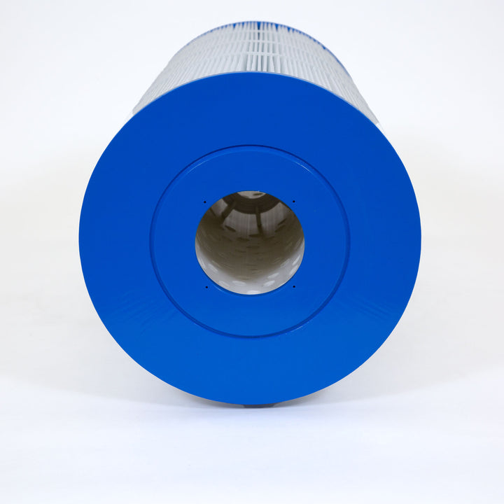 cylindrical pool filter cartridge with white pleated fabric and bright blue plastic end caps