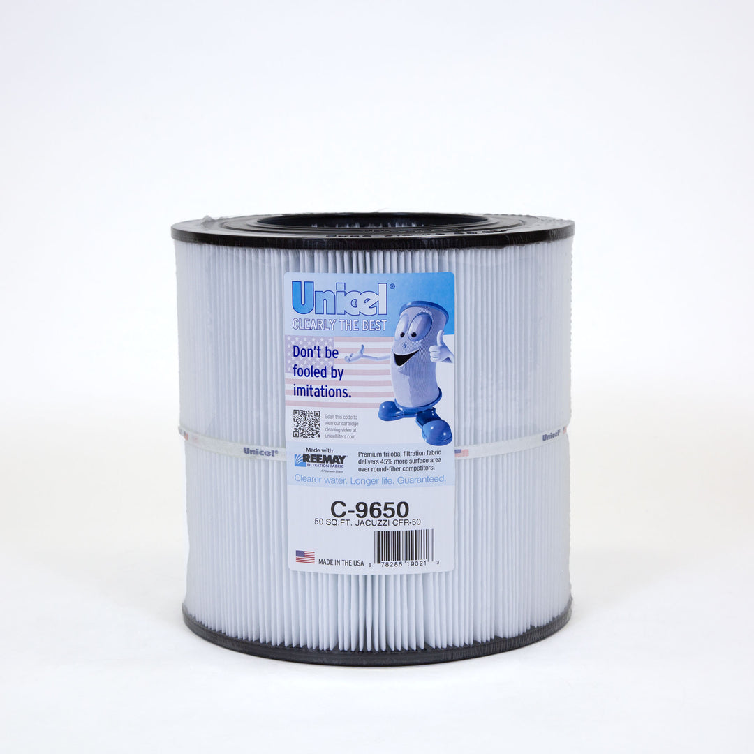 cylindrical pool filter cartridge with pleated white filtration fabric and blue label featuring Unicel branding