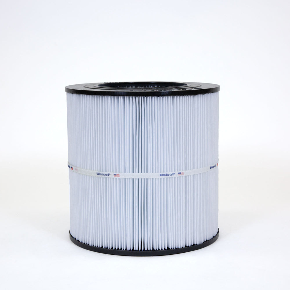 cylindrical pool or spa filter cartridge with white pleated material and black top and bottom edges