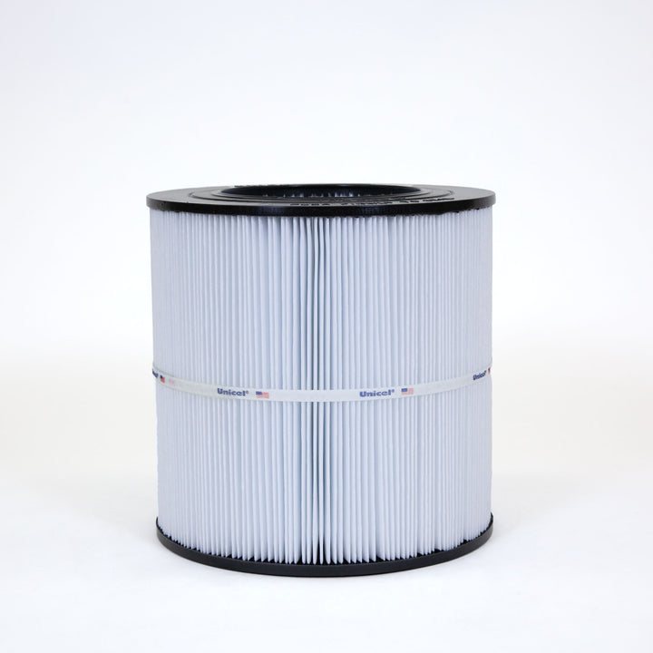 cylindrical pool or spa filter cartridge with white pleated material and black top and bottom edges