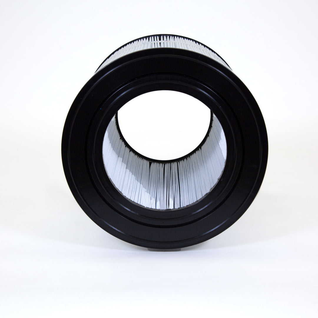 cylindrical white pleated pool or spa filter cartridge with black plastic end caps photographed on white background