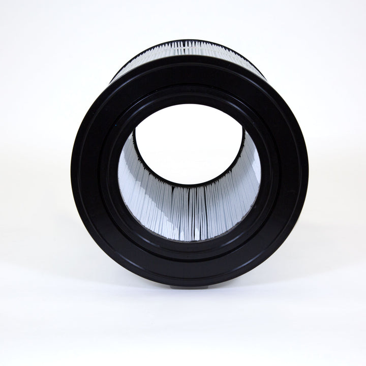 cylindrical white pleated pool or spa filter cartridge with black plastic end caps photographed on white background