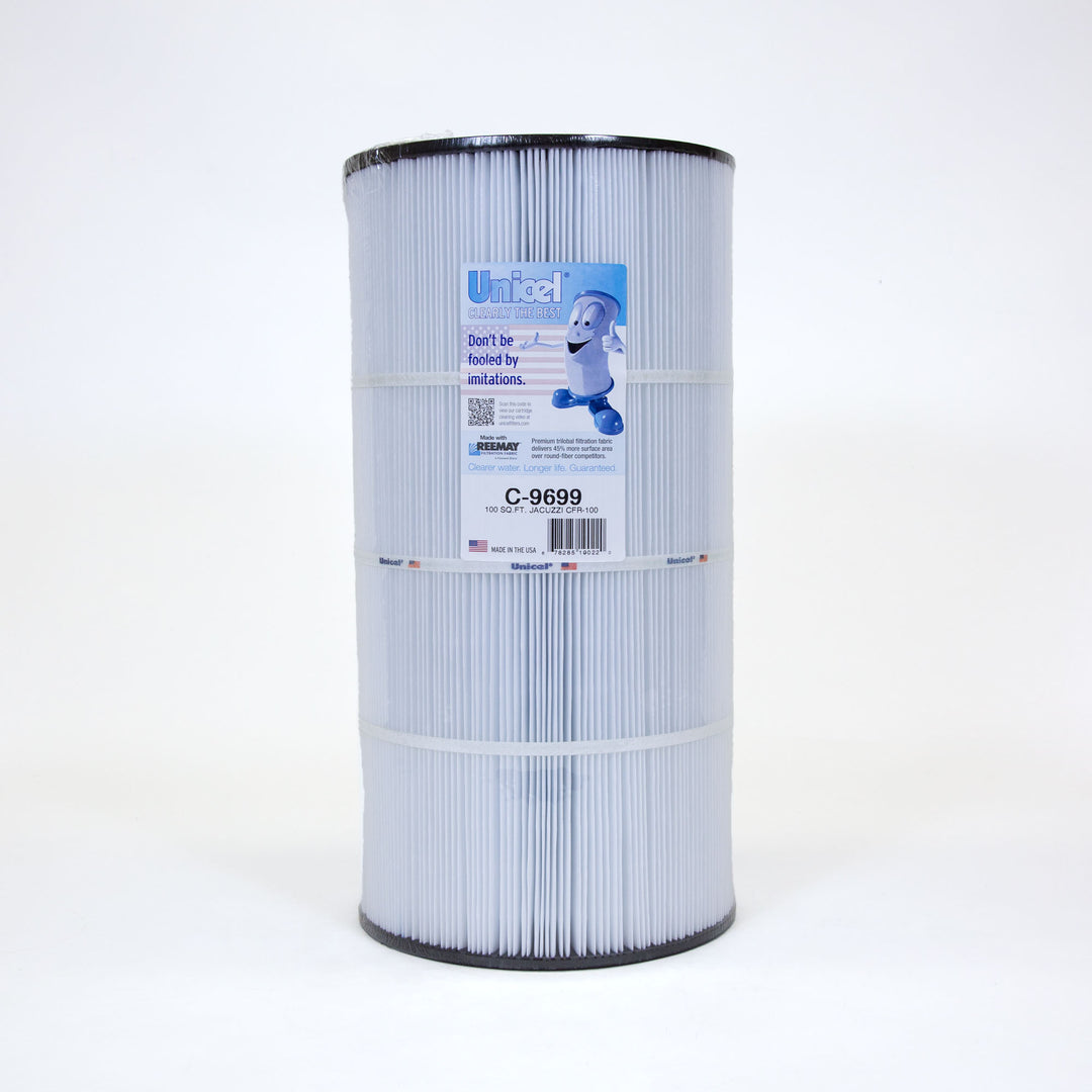 cylindrical white pleated pool filter cartridge with Unicel branded label featuring cartoon filter character and product details