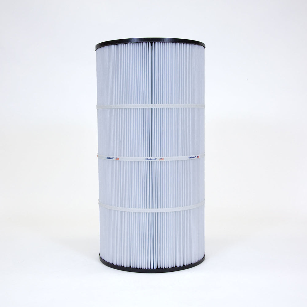 cylindrical pleated pool filter cartridge with white pleats and black top and bottom against a white background