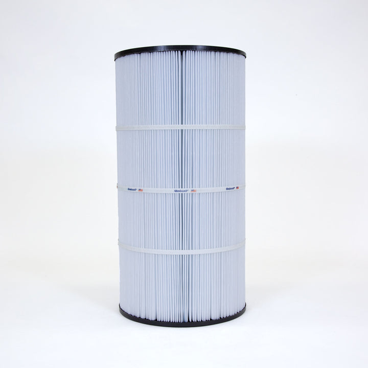 cylindrical pleated pool filter cartridge with white pleats and black top and bottom against a white background