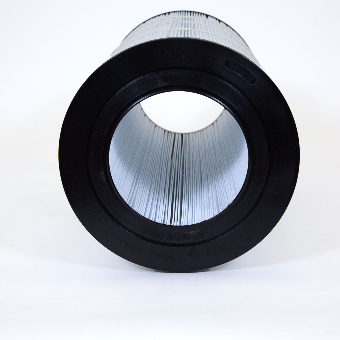 cylindrical pool filter cartridge with pleated white filtration material and black plastic end caps on each side