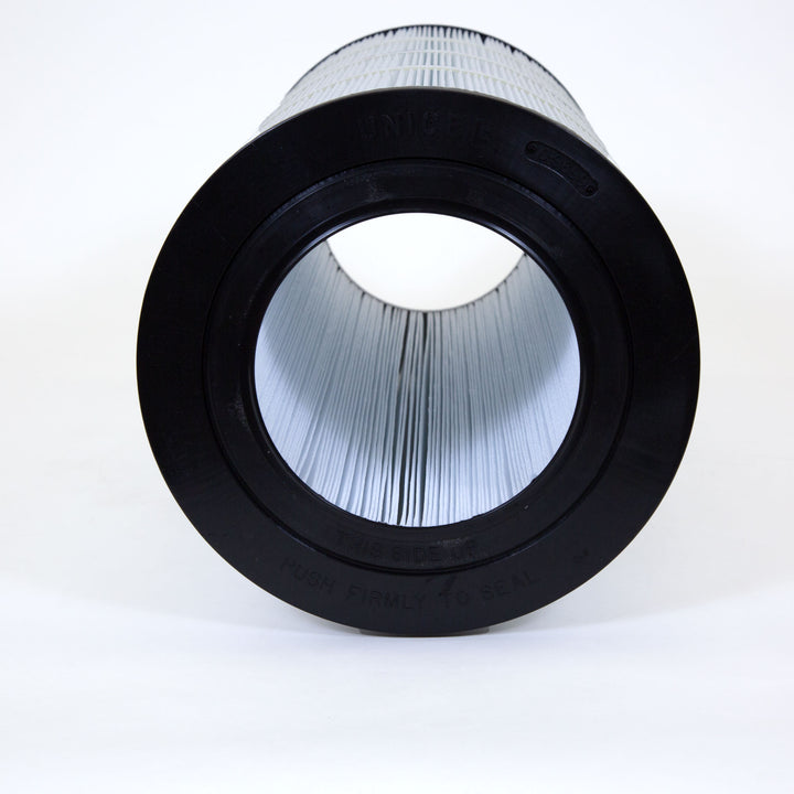 cylindrical pool filter cartridge with pleated white filtration material and black plastic end caps on each side