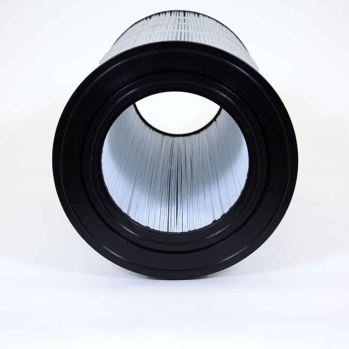 cylindrical pool filter cartridge with pleated white filter material and black plastic rims on both ends