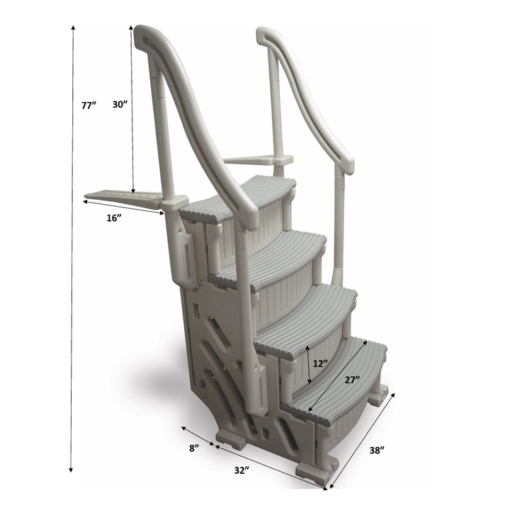 dimensions of Confer Curve Base In-Pool 4 Step shown with arrows and measurements in inches for height, width, depth, and step sizes
