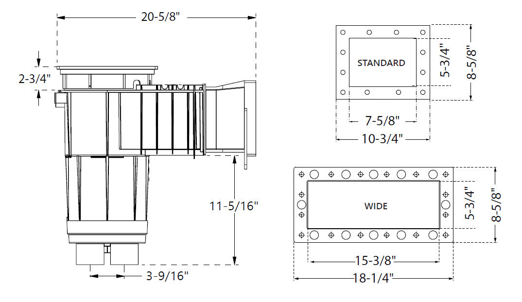 Technical drawing of a CMP vinyl pool skimmer builder pack showing dimensions including wide mouth and 2 inch FIP drain in white