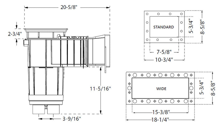 Technical drawing of a CMP vinyl pool skimmer builder pack showing dimensions including wide mouth and 2 inch FIP drain in white