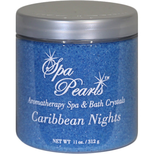 clear plastic jar of Insparation Inc Spa Pearls Aromatherapy Crystals Caribbean Nights scented bright blue crystals with silver lid