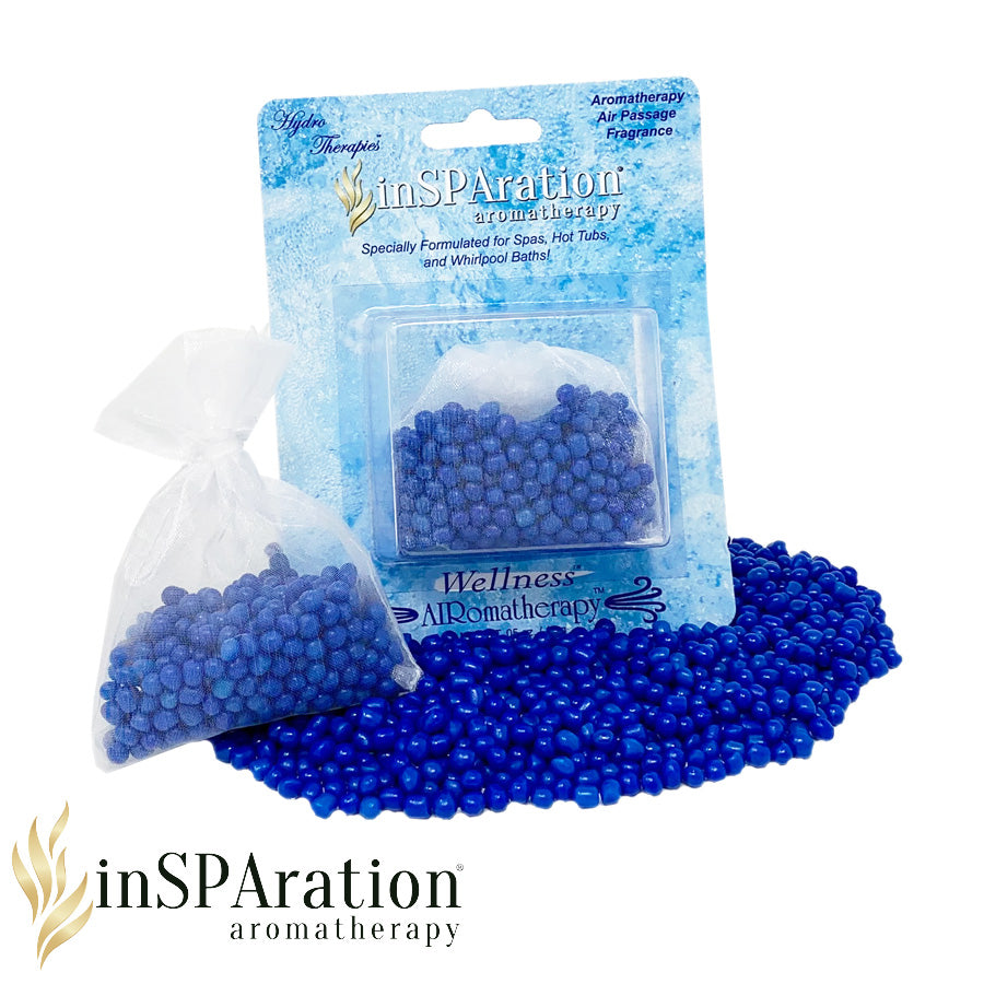 Insparation Inc AirRomatherapy Air Bead Singles in small transparent pouch and blue blister pack with loose small deep blue round beads spilled out