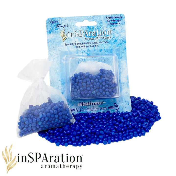 Insparation Inc AirRomatherapy Air Bead Singles in small transparent pouch and blue blister pack with loose small deep blue round beads spilled out