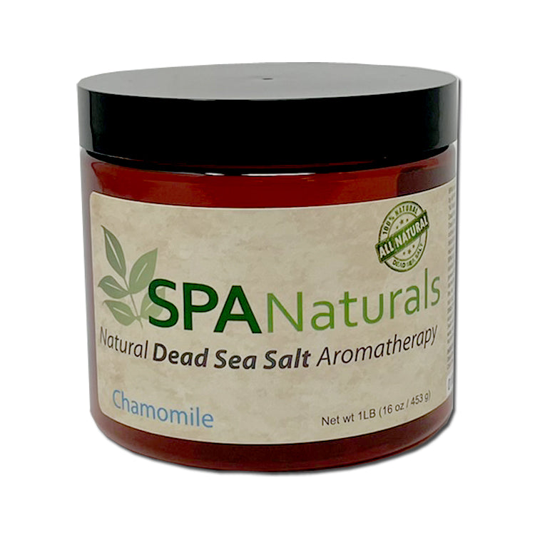 Spa Naturals Dead Sea Salt Crystal by Insparation Inc in amber jar with black lid and chamomile label displaying natural spa and bath aromatherapy