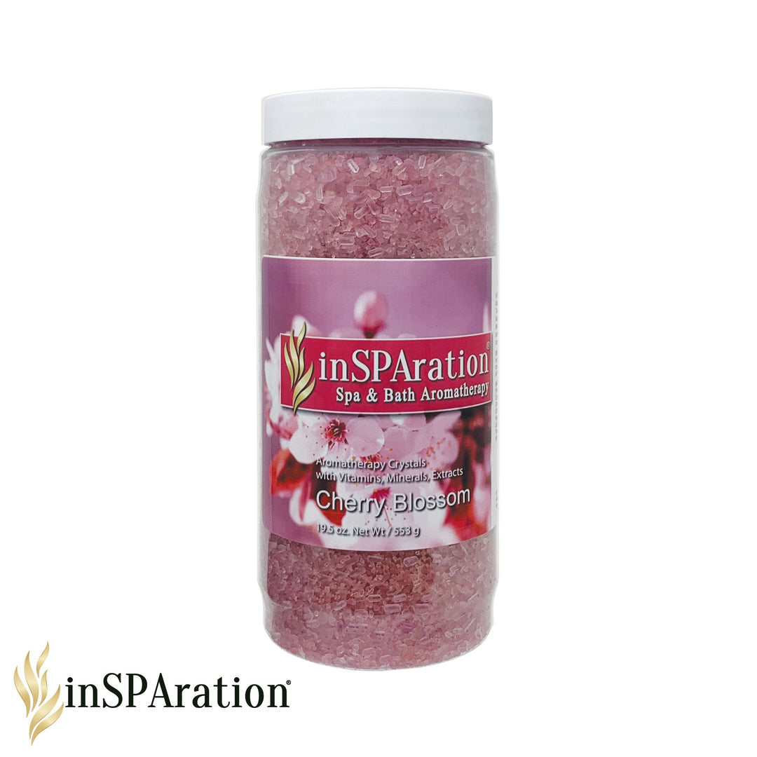 inSPAration Original Aromatherapy Crystals 19oz container with pink cherry blossom crystals and floral label