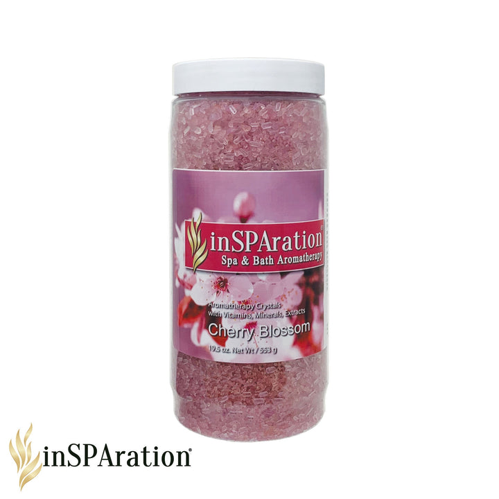 inSPAration Original Aromatherapy Crystals 19oz container with pink cherry blossom crystals and floral label