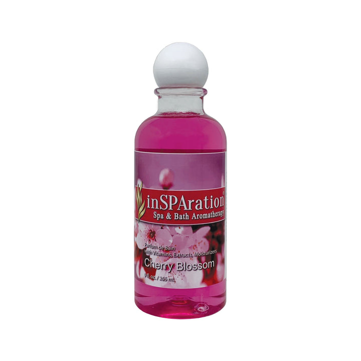InSPAration 9oz oil-free aromatherapy liquid bottle with bright pink liquid and white rounded cap featuring cherry blossom label