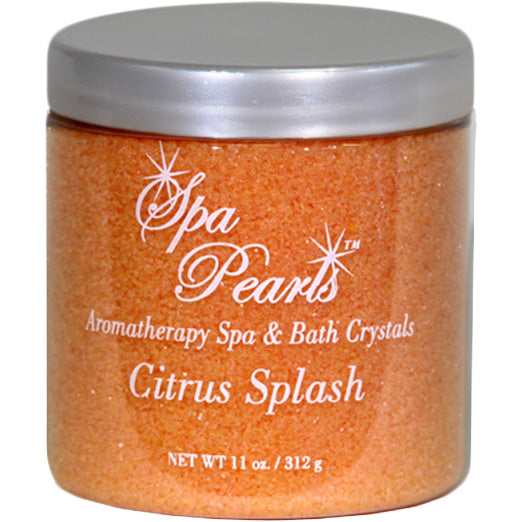 Spa Pearls Aromatherapy Crystals Citrus Splash in translucent orange granules inside clear round jar with silver lid and white label text