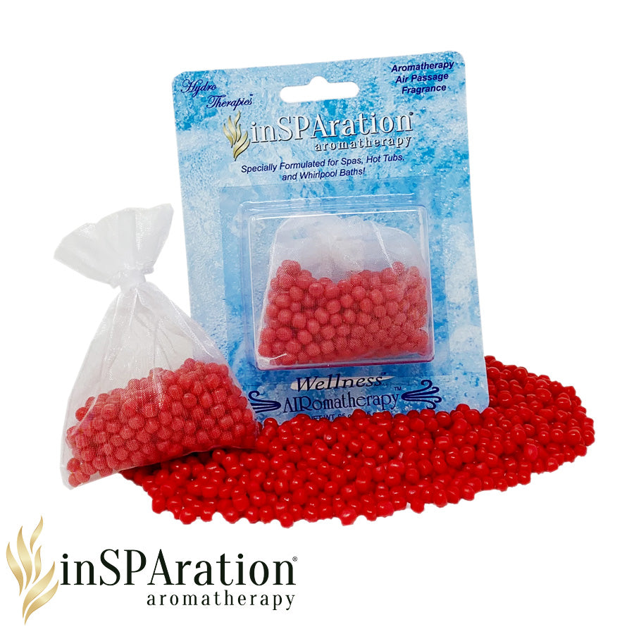 Insparation AirRomatherapy Air Bead Singles product pack showing small red aromatic beads in a clear mesh bag with unopened blue packaging background