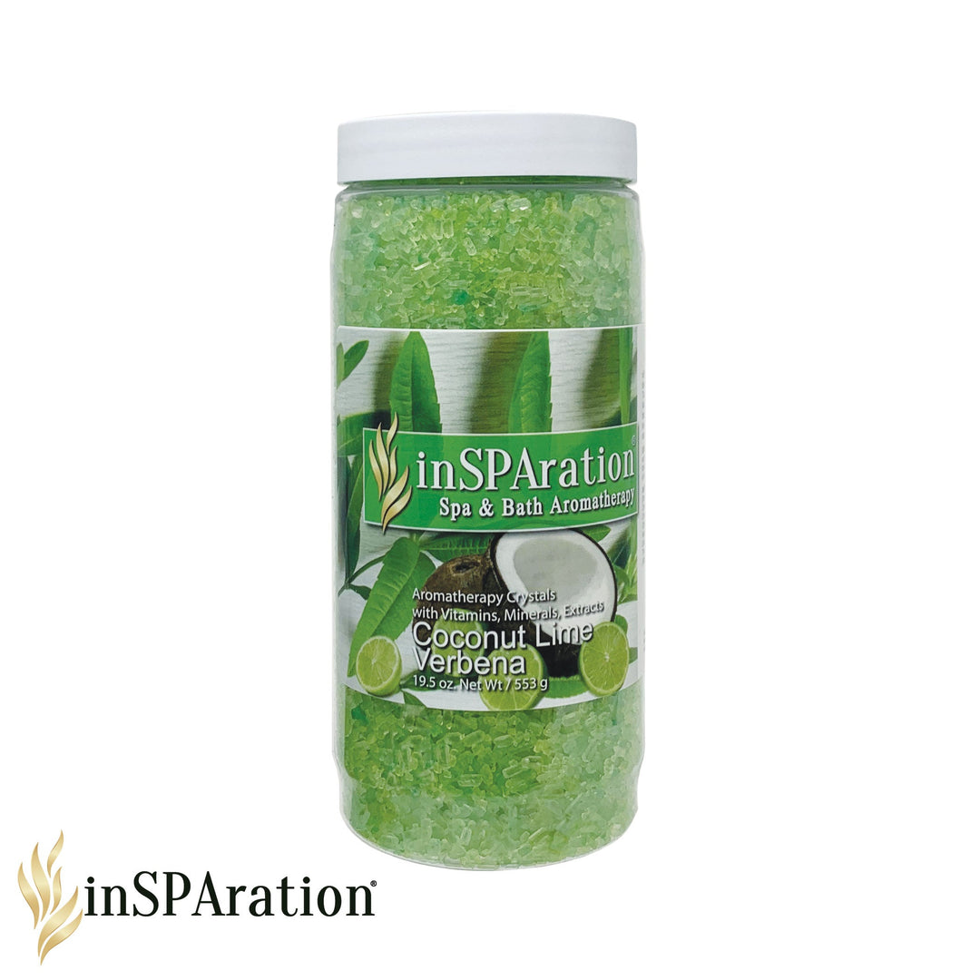 Insparation Inc Original Aromatherapy Crystals 19oz clear plastic jar filled with green crystals with coconut lime verbena label