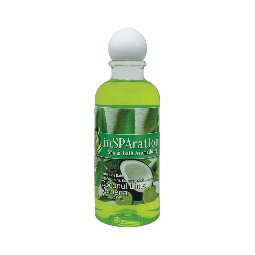 inSPAration 9oz Oil-Free Aromatherapy Liquid bottle with bright green liquid and label showing coconut lime verbena design and round white cap