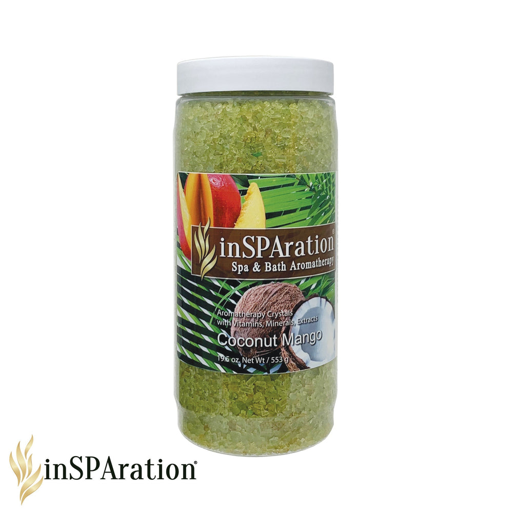 Insparation Inc Original Aromatherapy Crystals 19oz clear plastic jar with yellow-green crystals and coconut mango label