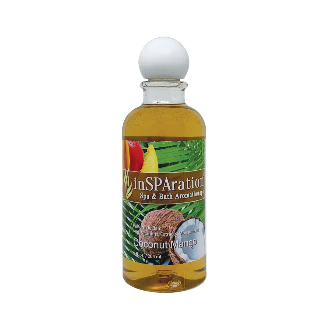 inSPAration 9oz oil-free aromatherapy liquid bottle with white round cap and tropical coconut mango label featuring fruits and leaves