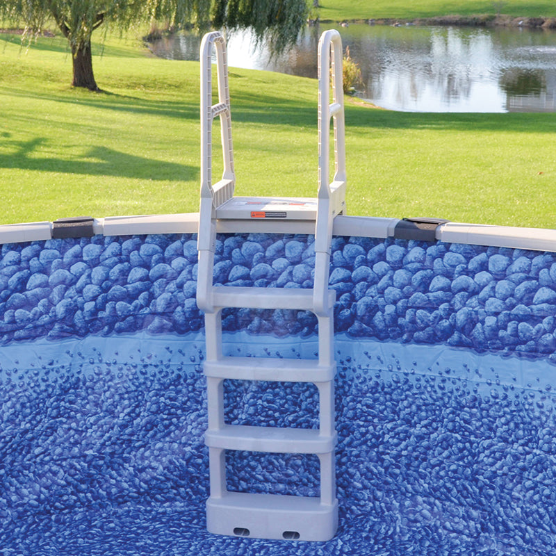 Main Access Comfort Incline A-Frame Style Safety Ladder in white plastic with four wide steps installed inside a round above ground pool with blue stone-patterned liner