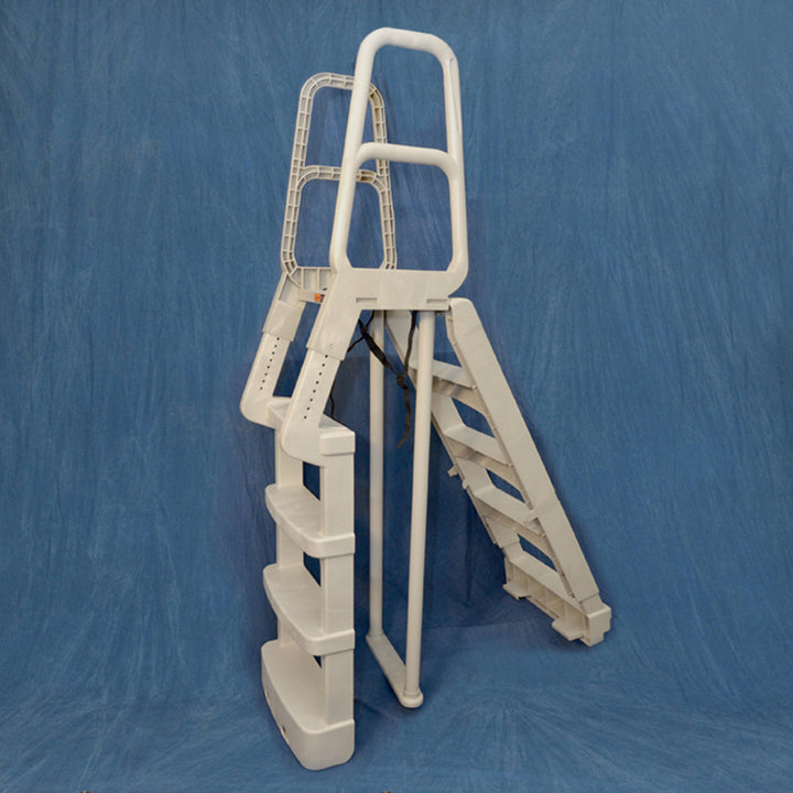 Main Access Comfort Incline A-Frame Style Safety Ladder in white with wide steps and dual handrails shown against blue background