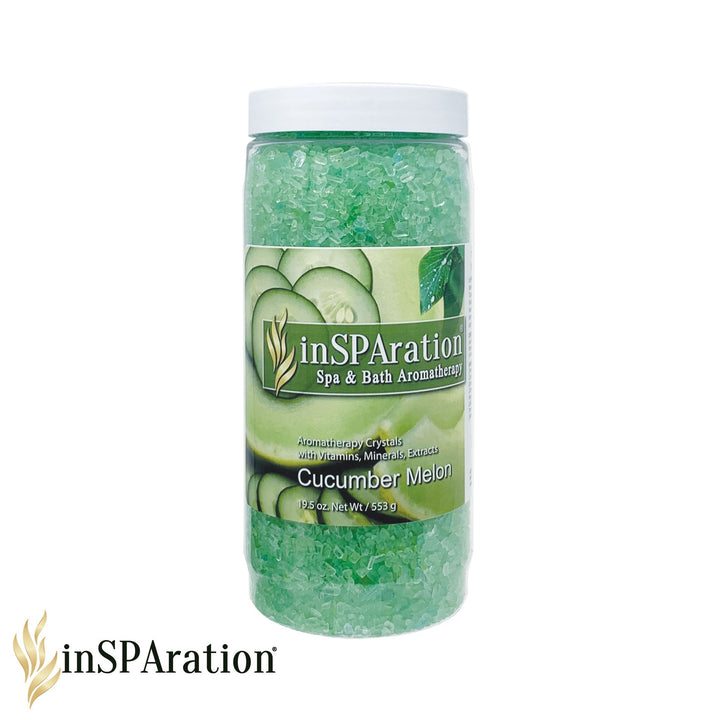 Insparation Inc Original Aromatherapy Crystals cucumber melon 19.5oz clear plastic jar with green crystals and label showing cucumber slices